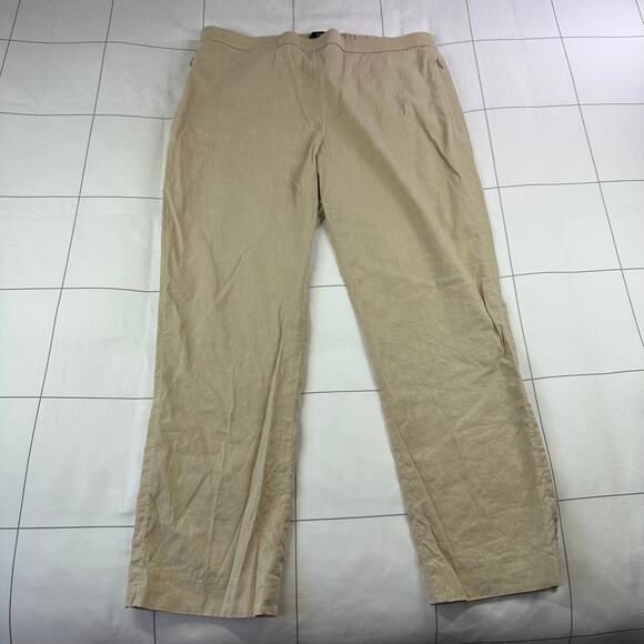 Theory Basic Pull On Pants Womens 12 Khaki Organic Crunch Wash Linen Crop Ankle - Picture 2 of 12